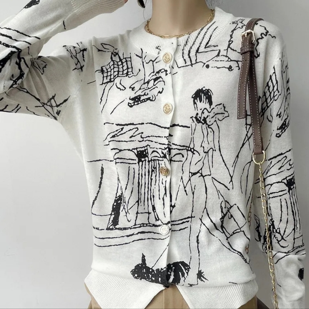 Graffiti Digital Jacquard Fine Imitation Fashion Wool Knitted Cardigan - Picture 4 of 5